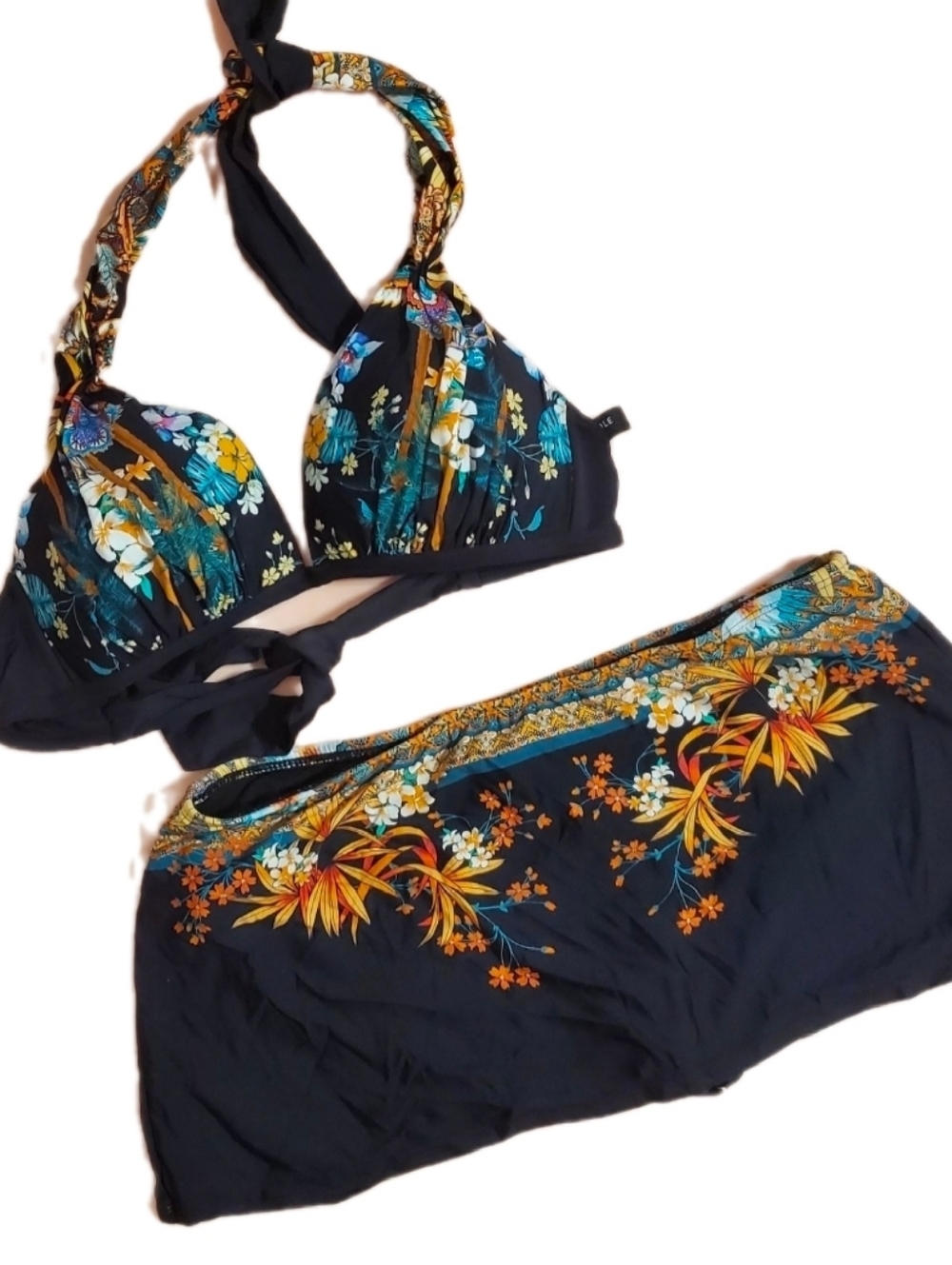 Kenneth Cole New York Tahiti Bikini Set with Teal, Orange & White Floral Accents